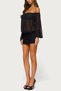 Edikted Jorie Sheer Mesh Off Shoulder Bubble Dress