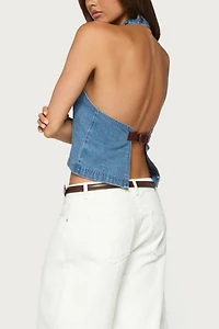 Edikted Teddie Backless Denim Halter Top