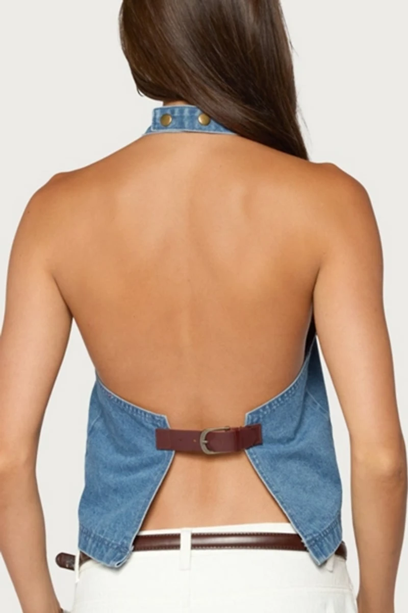 Edikted Teddie Backless Denim Halter Top