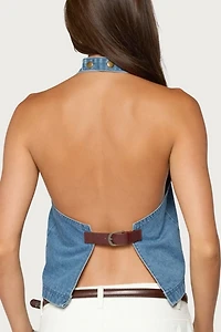 Edikted Teddie Backless Denim Halter Top