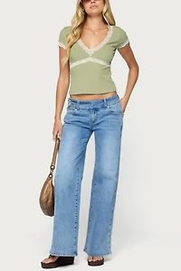Edikted Juli Lacey Ribbed V Neck Top