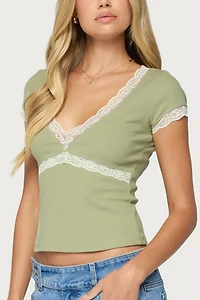 Edikted Juli Lacey Ribbed V Neck Top
