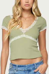 Edikted Juli Lacey Ribbed V Neck Top