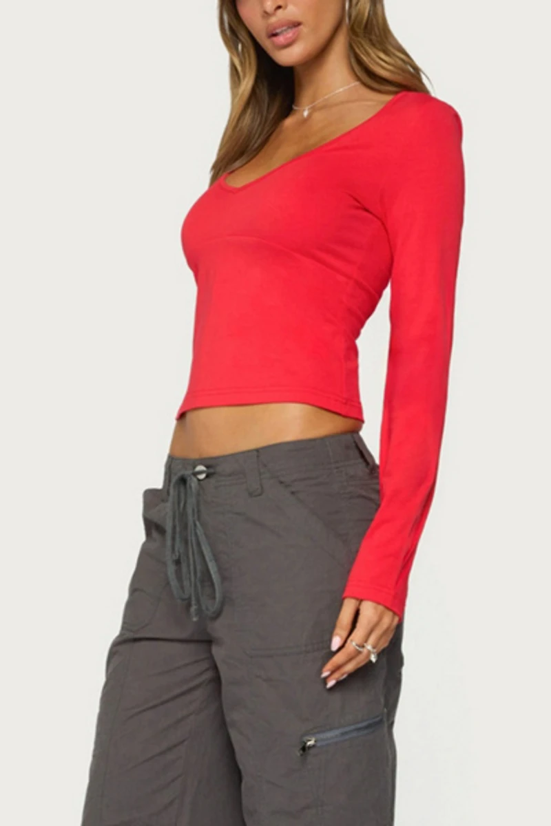Edikted Feva V Neck Long Sleeve Top