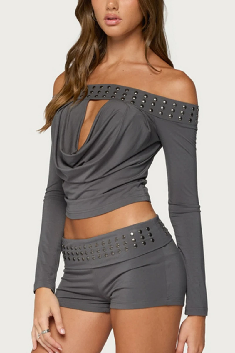 Edikted Amy Studded Off Shoulder Cowl Neck Top