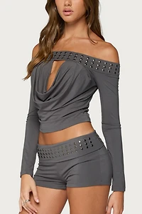 Edikted Amy Studded Off Shoulder Cowl Neck Top