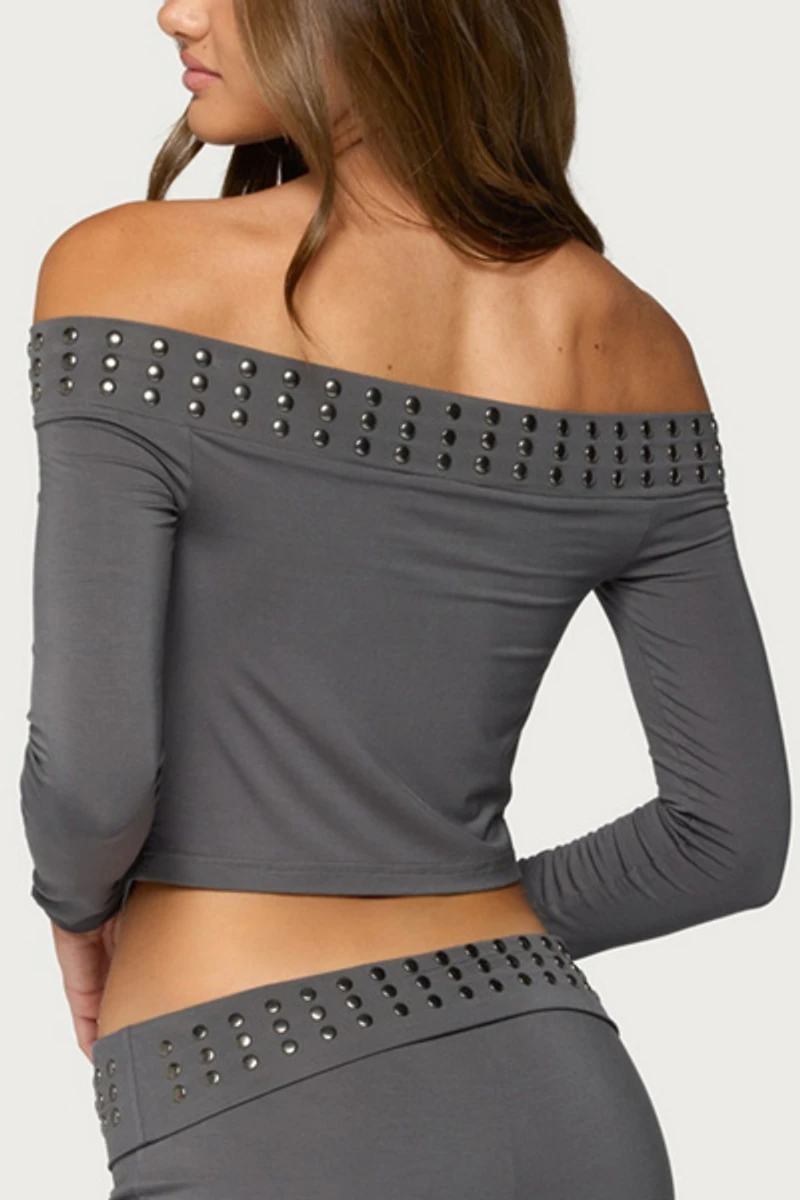 Edikted Amy Studded Off Shoulder Cowl Neck Top