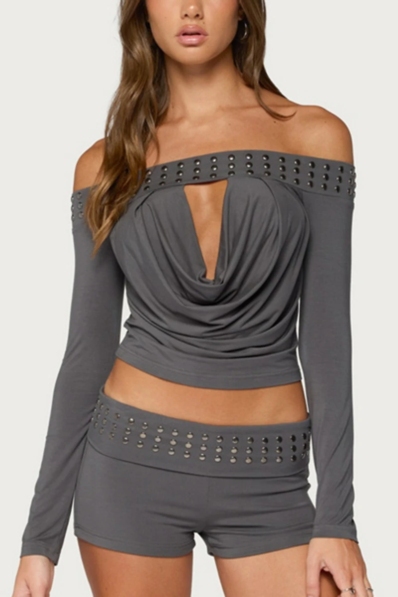 Edikted Amy Studded Off Shoulder Cowl Neck Top