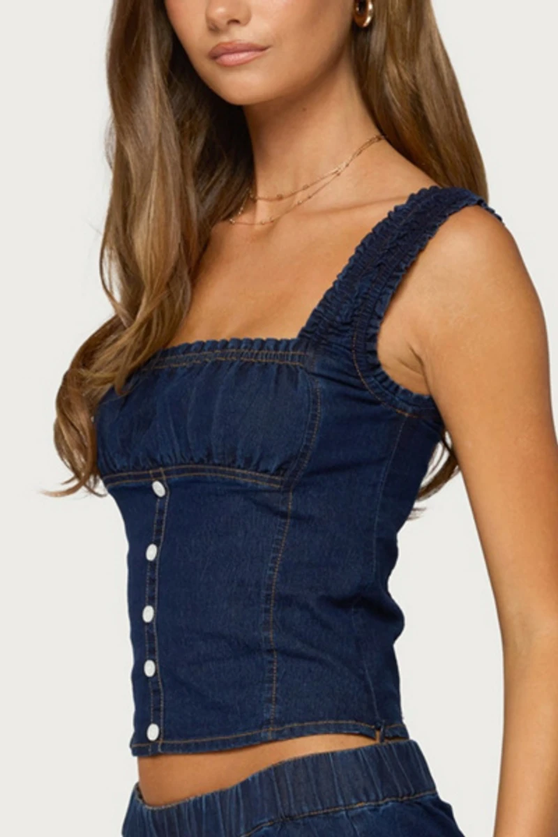 Edikted Aggie Ruched Button Denim Top