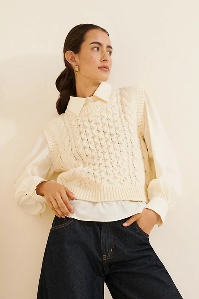English Factory Mixed Media Cable-Knit Shirt Top