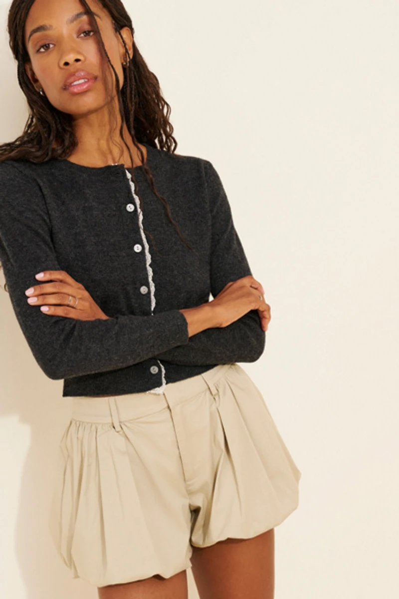 Cubic Lace Trim Placket Cardigan
