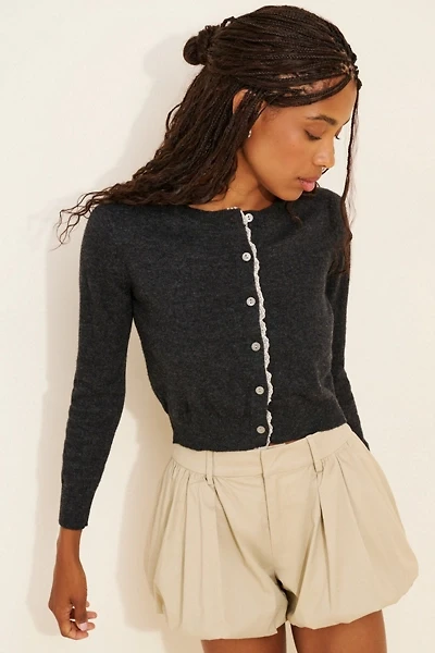 Cubic Lace Trim Placket Cardigan