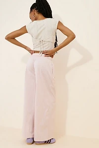 Cubic Pleated Striped Wide Leg Pants