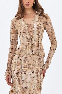 Miss Circle Umara Reptile Print Chiffon Tie-Front Top