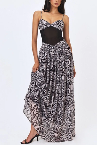 Miss Circle Onora Zebra Print Chiffon Dipped Waist Maxi Dress