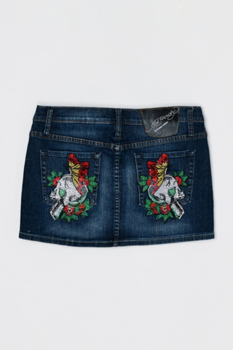 Vintage Y2k Ed Hardy Rhinestone Denim Mini Skirt