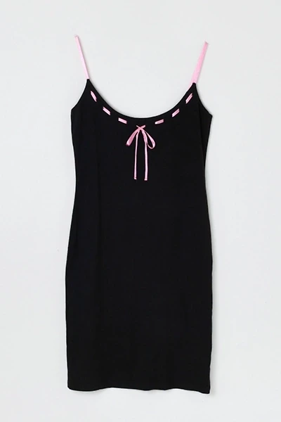 Vintage Y2k Black Midi Dress with Pink Ribbon