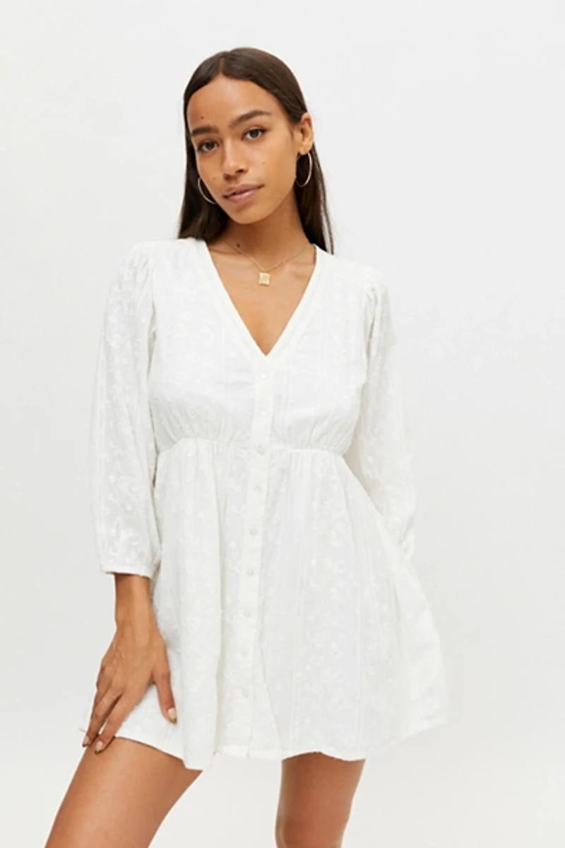 UO Cass Embroidered Long Sleeve Mini Dress
