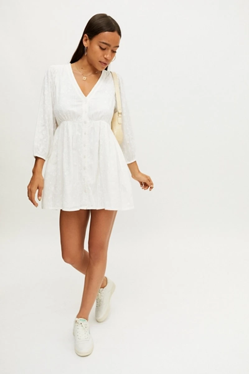UO Cass Embroidered Long Sleeve Mini Dress