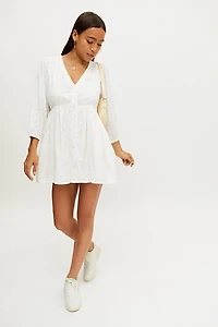 UO Cass Embroidered Long Sleeve Mini Dress