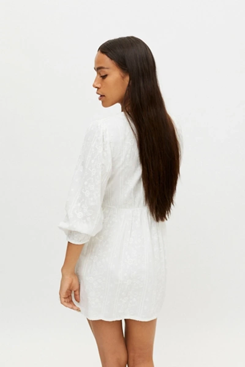 UO Cass Embroidered Long Sleeve Mini Dress