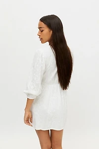 UO Cass Embroidered Long Sleeve Mini Dress