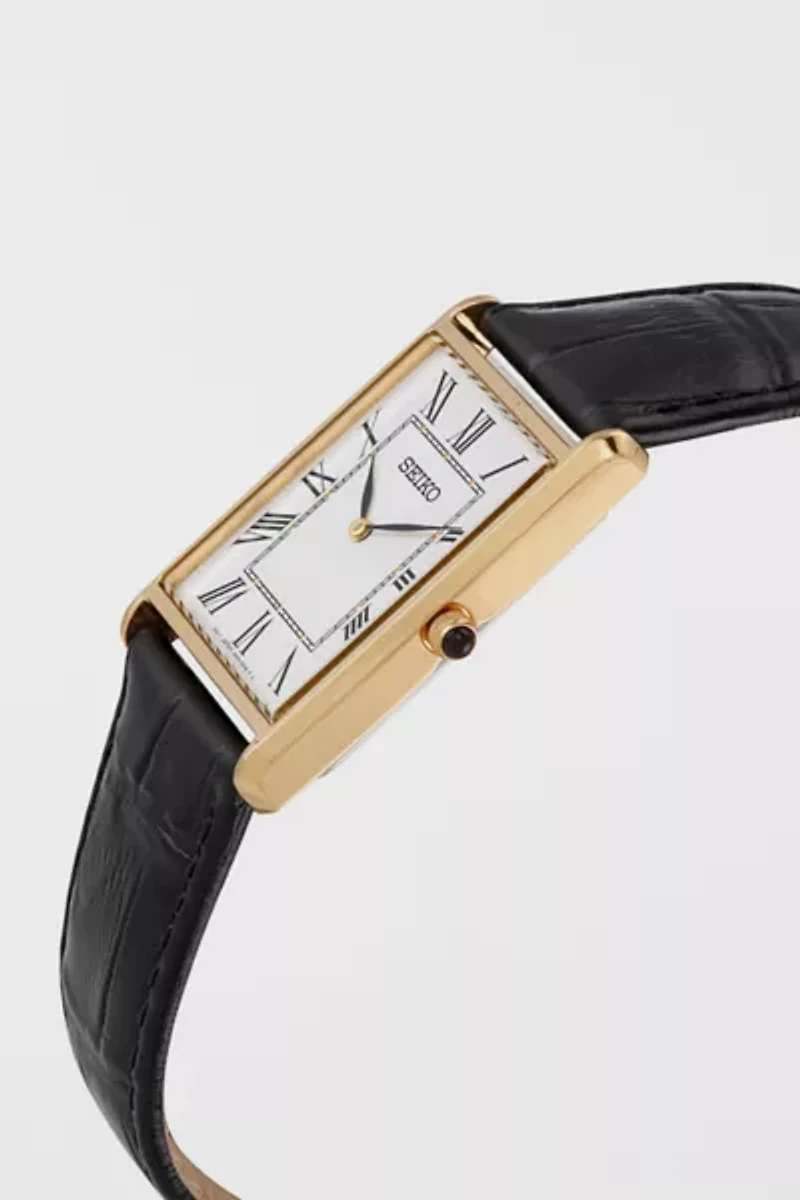 Seiko Quartz Square Face Black Leather Watch SWR052