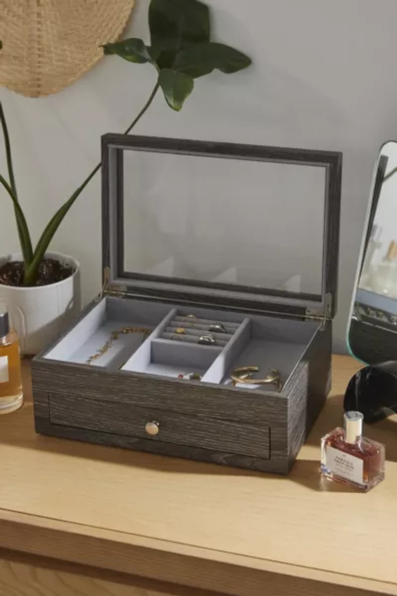 Mele and Co Ardene Glass Top Wooden Jewelry Box