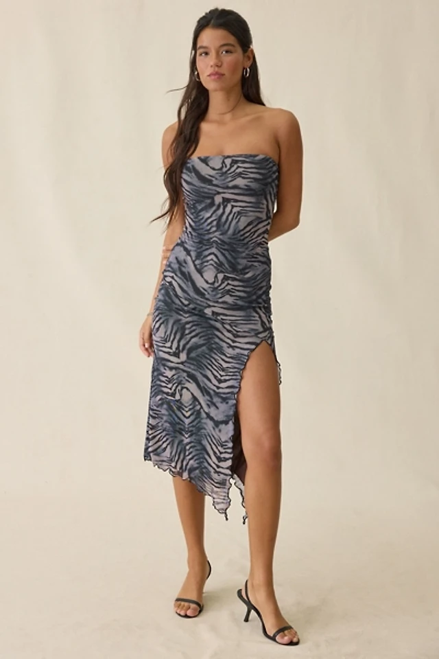 uo samara mesh strapless slit midi dress Urban Outfitters Uo Samara Mesh Strapless Midi Dress In Blue