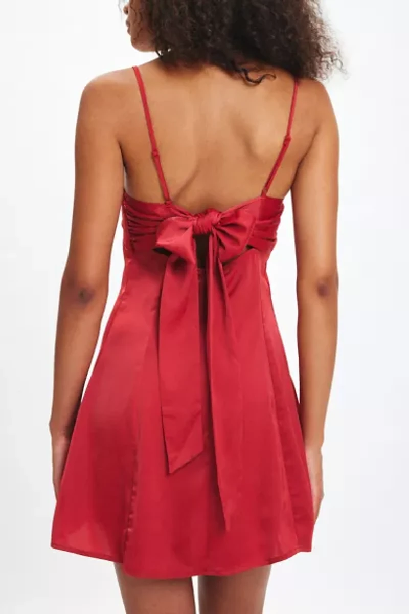 UO Bella Bow-Back Satin Mini Dress