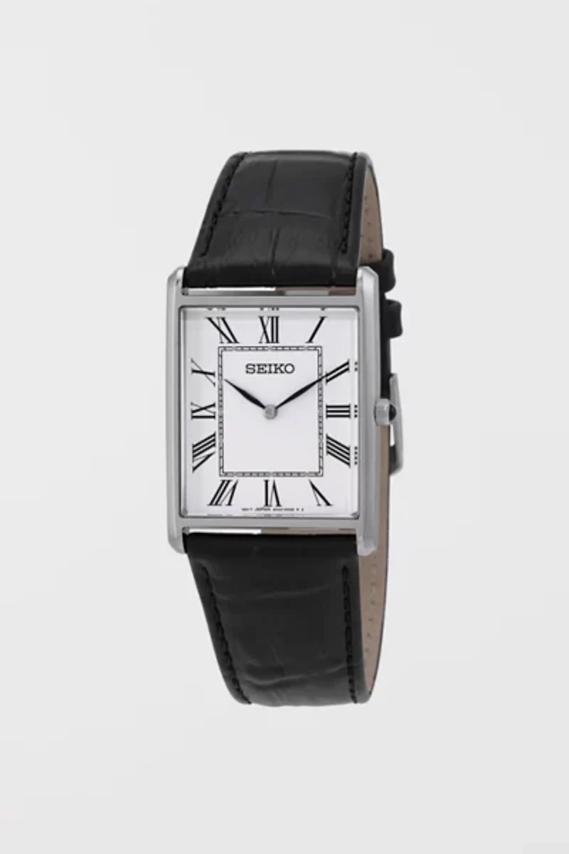 Seiko Essentials Quartz Black Leather Watch SWR049