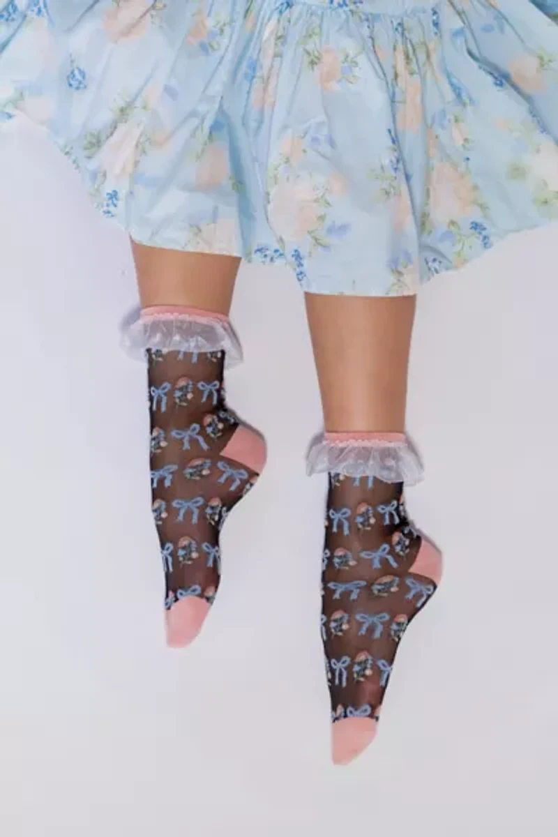 Sock Candy Floral Bow Ruffle Black Sheer Sock