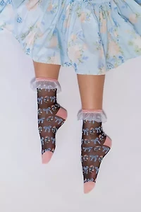 Sock Candy Floral Bow Ruffle Black Sheer Sock
