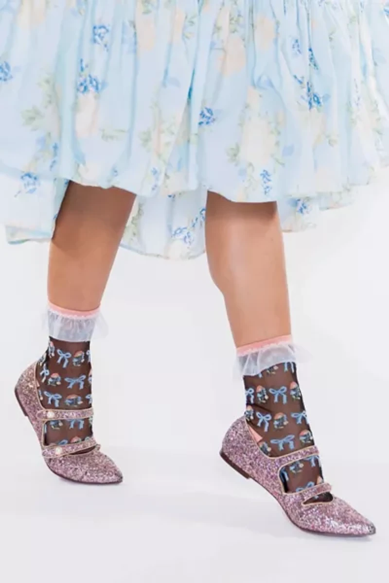 Sock Candy Floral Bow Ruffle Black Sheer Sock