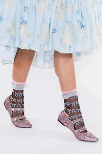 Sock Candy Floral Bow Ruffle Black Sheer Sock