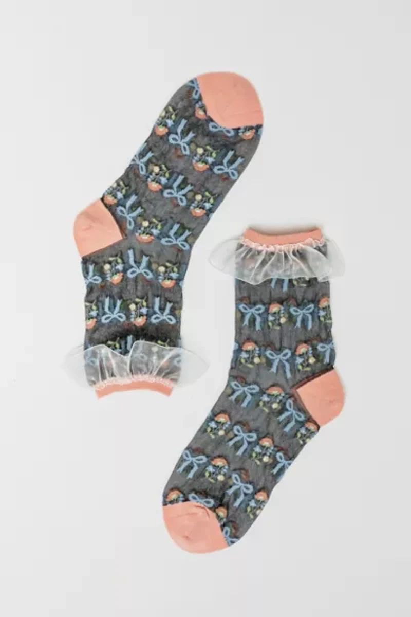 Sock Candy Floral Bow Ruffle Black Sheer Sock