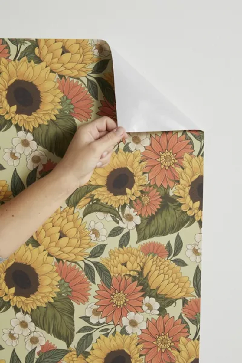 Avenie Sunflower Meadow Calm Green Removable Wallpaper