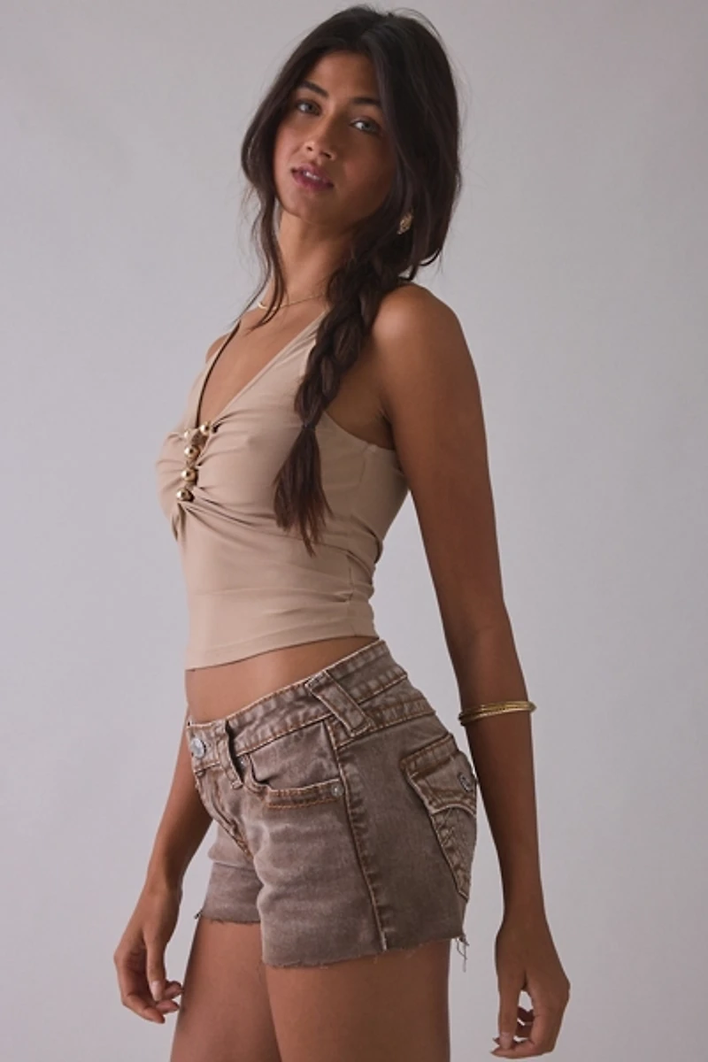 True Religion Joey Big T Flap Low-Rise Denim Shorts