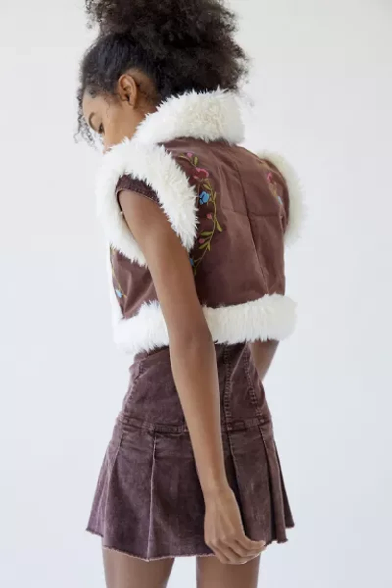 UO Carver Faux Fur Trim Embroidered Vest