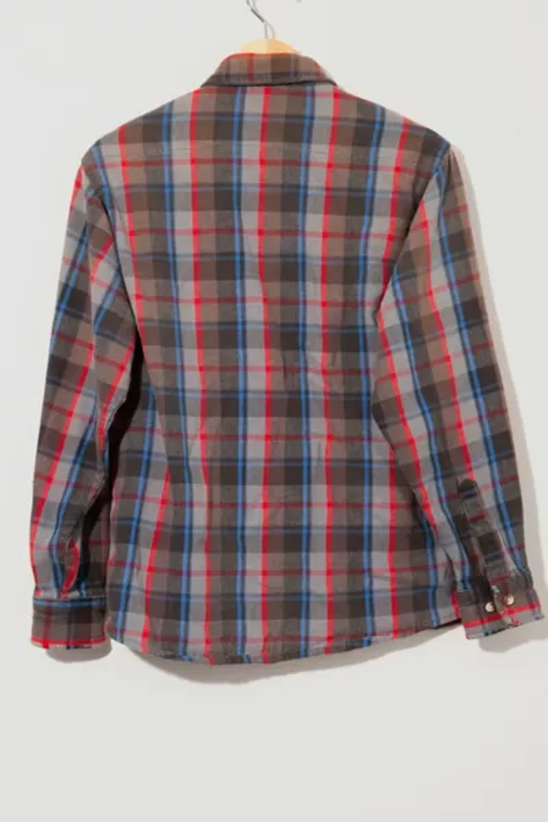 Vintage 1990s Distressed Red Blue Gray Flannel Work Shirt