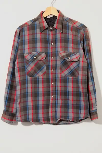 Vintage 1990s Distressed Red Blue Gray Flannel Work Shirt