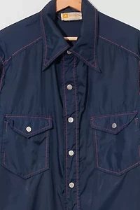 Vintage 1970s Distressed Navy Blue Red Stitched Shirt Jacket