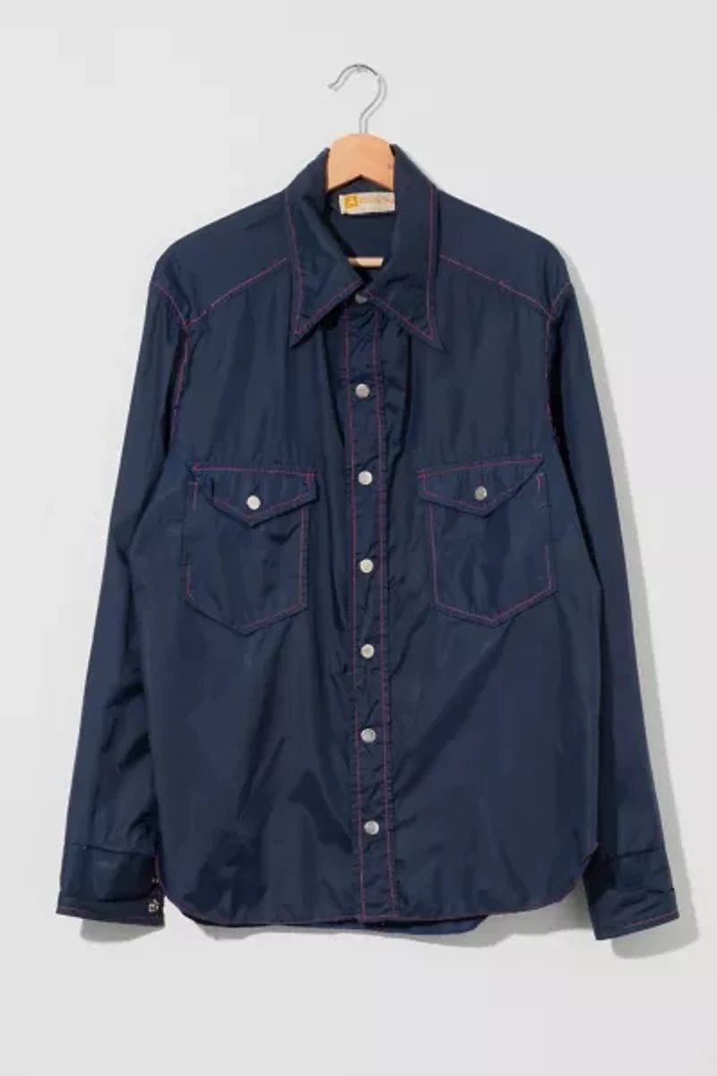 Vintage 1970s Distressed Navy Blue Red Stitched Shirt Jacket