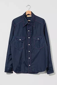 Vintage 1970s Distressed Navy Blue Red Stitched Shirt Jacket