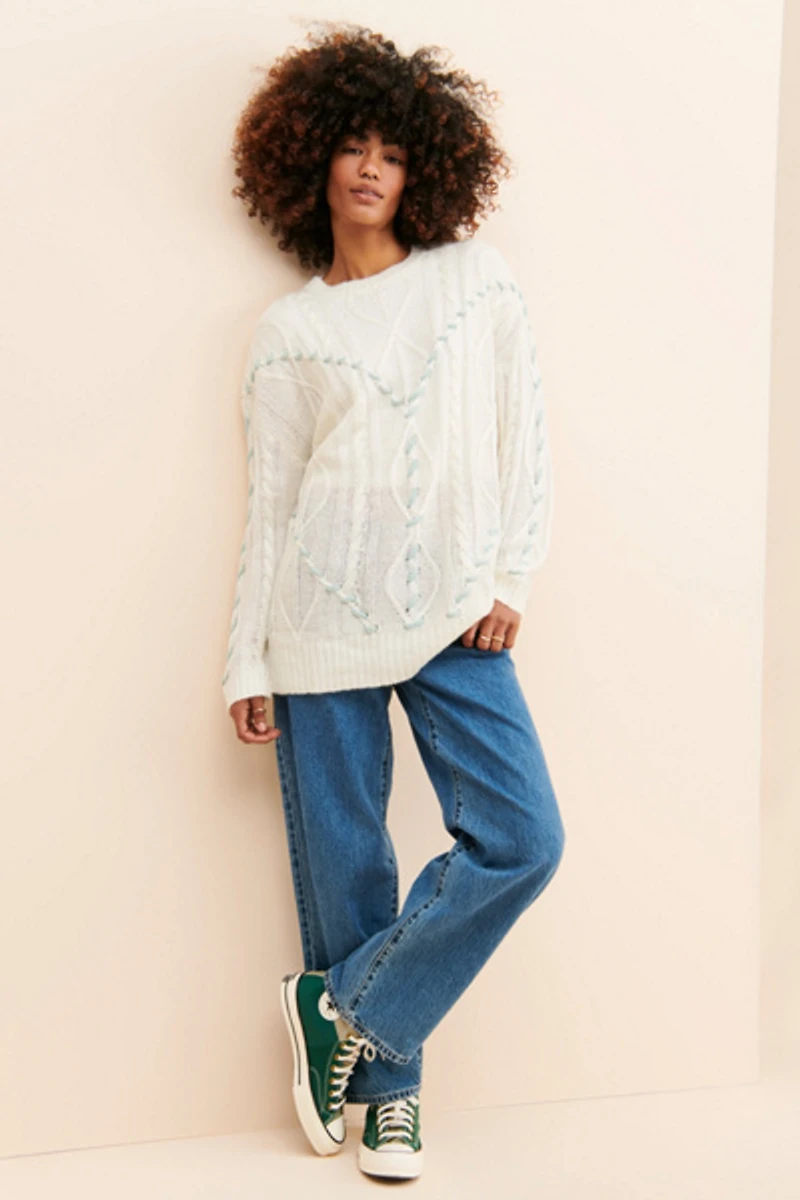 Native Youth Handstitch Cable Knit Sweater