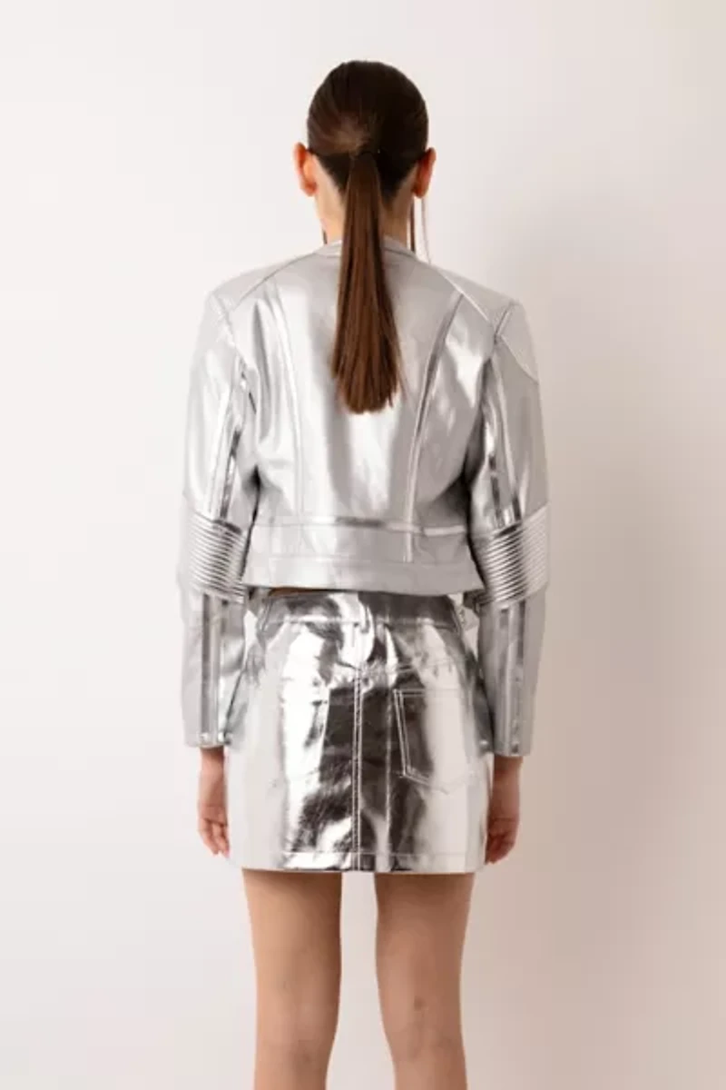 Amy Lynn Faux Leather Metallic Moto Jacket