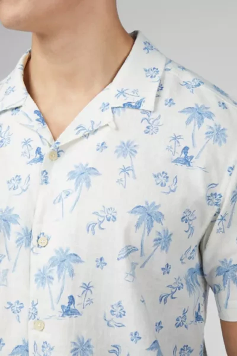 Ben Sherman Resort Print Linen Blend Short Sleeve Shirt