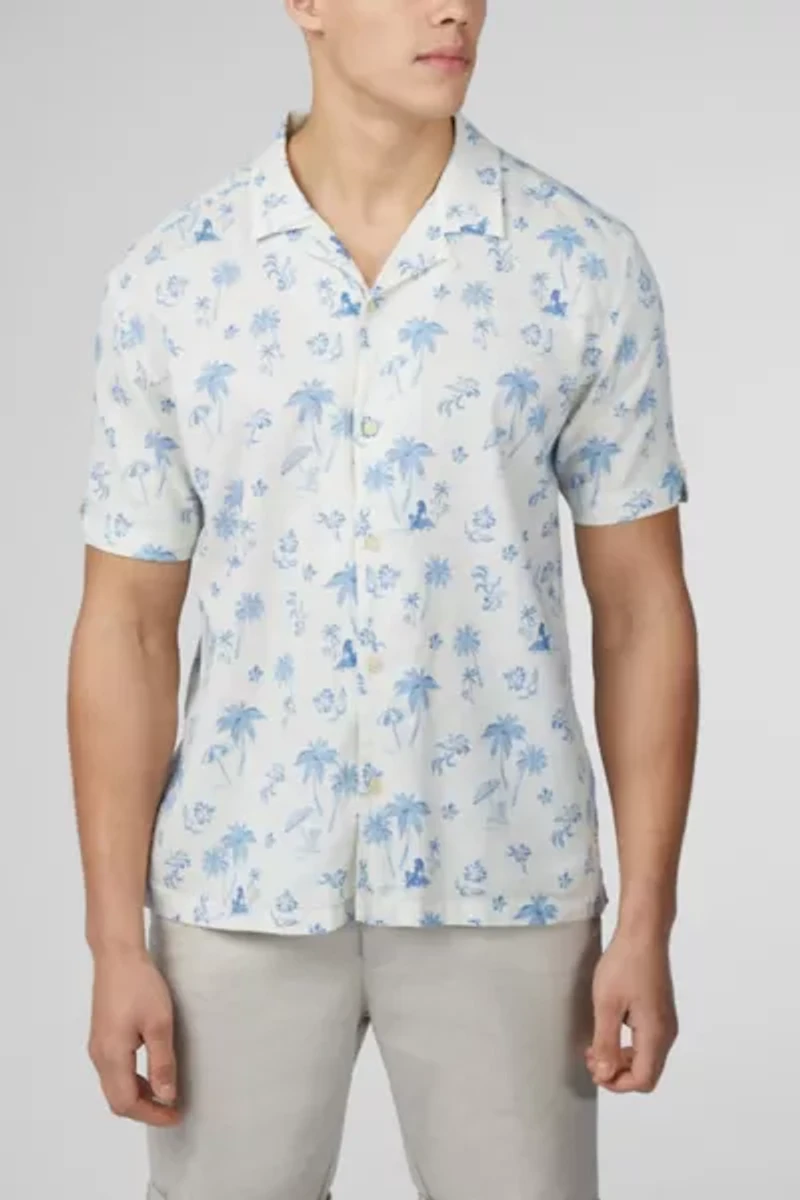 Ben Sherman Resort Print Linen Blend Short Sleeve Shirt