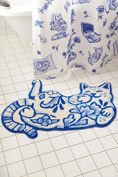 Delft Cat Shaped Tufted Bath Mat
