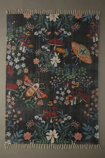 Insect Floral Embroidered Brushed Rug